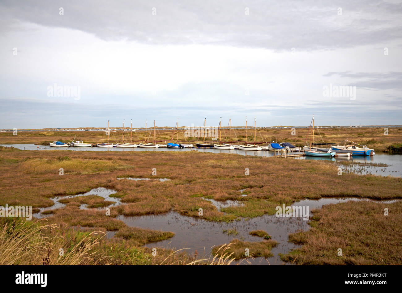 Una vista di Morston Creek e saline sulla costa North Norfolk a Morston, Norfolk, Inghilterra, Regno Unito, Europa. Foto Stock