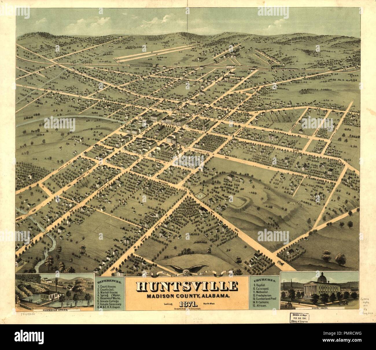 Vista panoramica della città di Huntsville, Madison County, Alabama 1871. Foto Stock