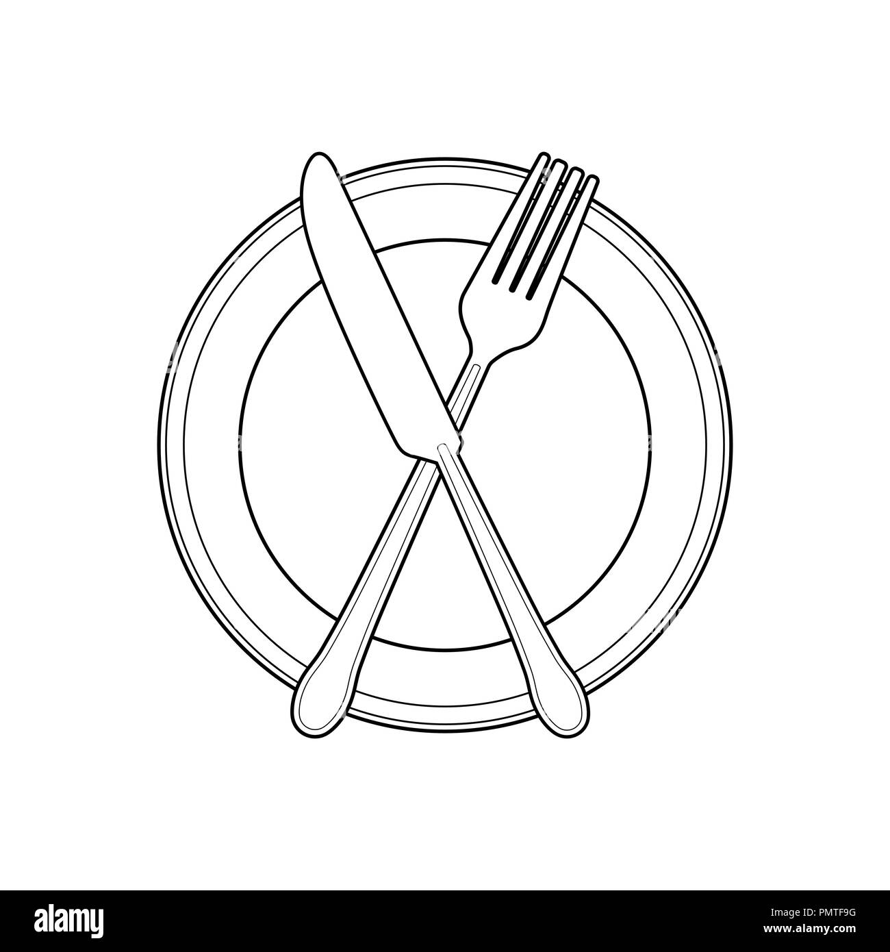 Piastra vuota con coltello e forchetta su uno sfondo bianco. Lo stile lineare-Illustrazione Vettoriale Illustrazione Vettoriale