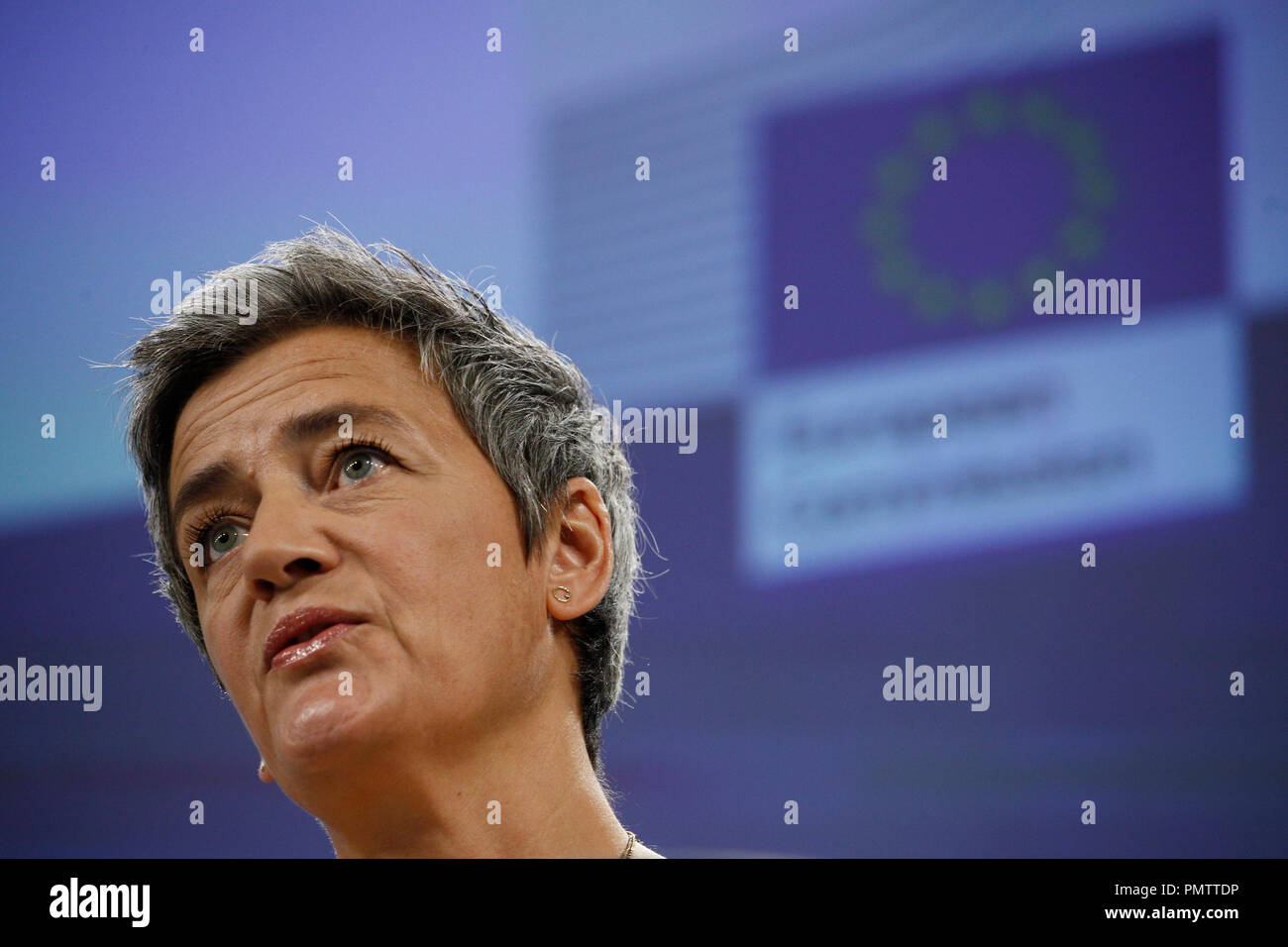 Bruxelles, Belgio. Xix sett. 2018. Il Commissario europeo alla concorrenza Margrethe Vestager tiene una conferenza stampa in Lussemburgo McDonald's caso di aiuto di Stato. Alexandros Michailidis/Alamy Live News Foto Stock