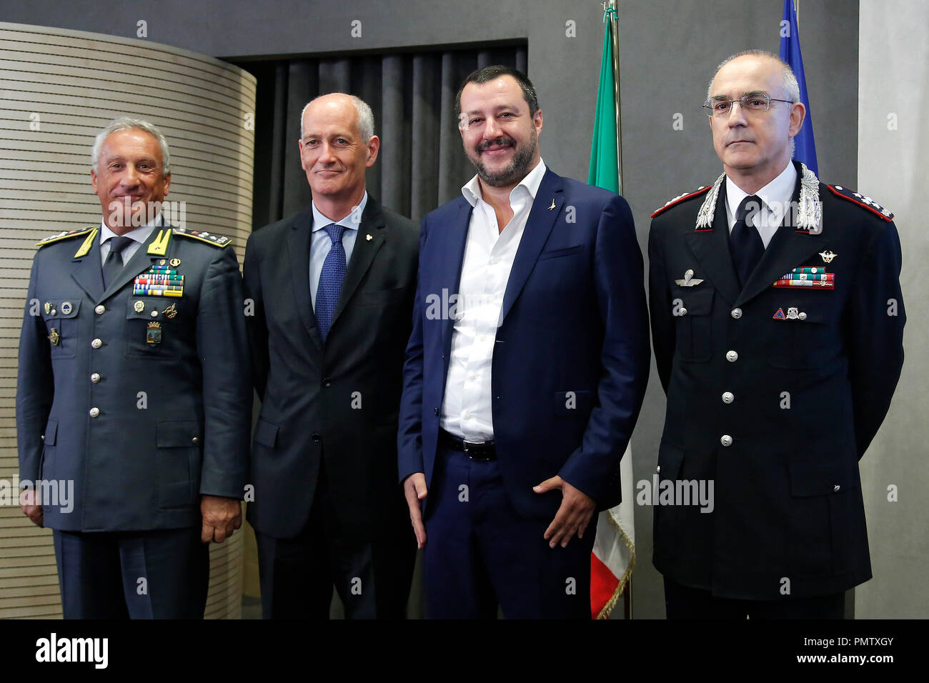 Giorgio Toschi, Franco Gabrielli, Matteo Salvini e Giovanni Nistri Roma 19/09/2018. Ministero dell'Interno. Conferenza stampa del ministro dell'Interno per illustrare i risultati conclusivi dell'operazione Spiagge sicuro - Estate 2018. Roma 19 Settembre 2018. Conferenza stampa del ministro italiano pf Affari Interni per illustrare i risultati dell'operazione 'Sicurezza Estate 2018". Foto di Samantha Zucchi Insidefoto Foto Stock