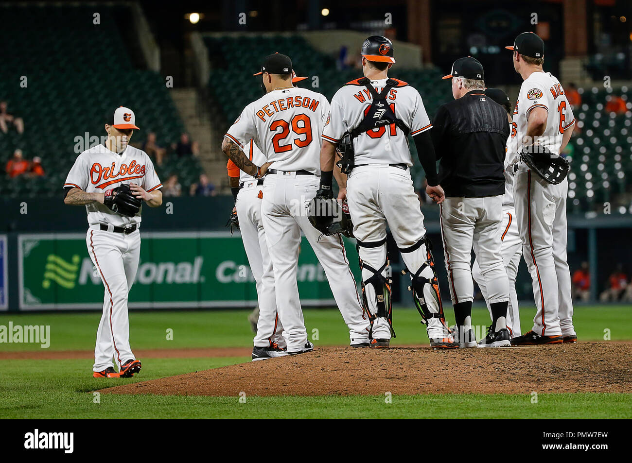 Baltimore, Stati Uniti d'America. Xix Sep, 2018. Baltimore Orioles Manager Buck Showalter attende sul tumulo di beccheggio durante un Major League Baseball gioco tra il Baltimore Orioles e il Toronto Blue Jays a Camden Yards a Baltimora, MD. Justin Cooper/CSM/Alamy Live News Foto Stock