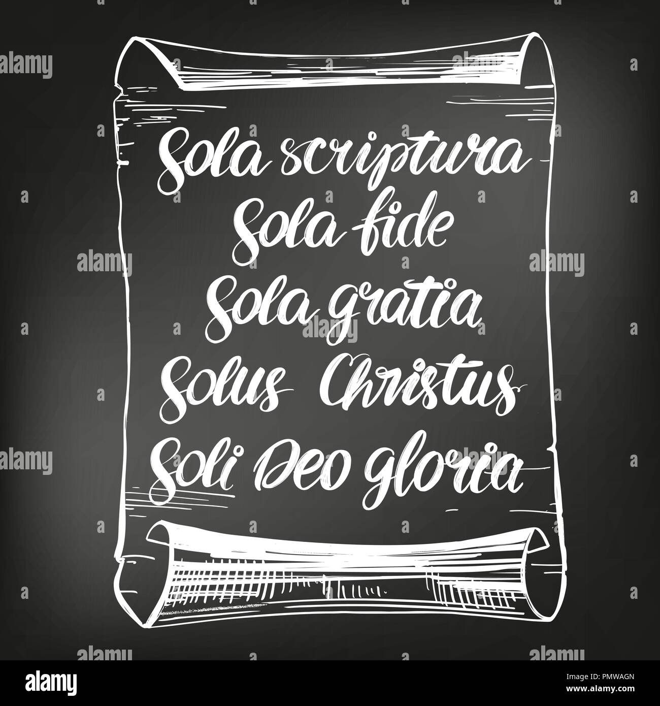 Quinque sola, cinque basi di teologia protestante, dalla riforma Calligraphy lettering testo simbolo del cristianesimo disegnati a mano illustrazione vettoriale schizzo Illustrazione Vettoriale
