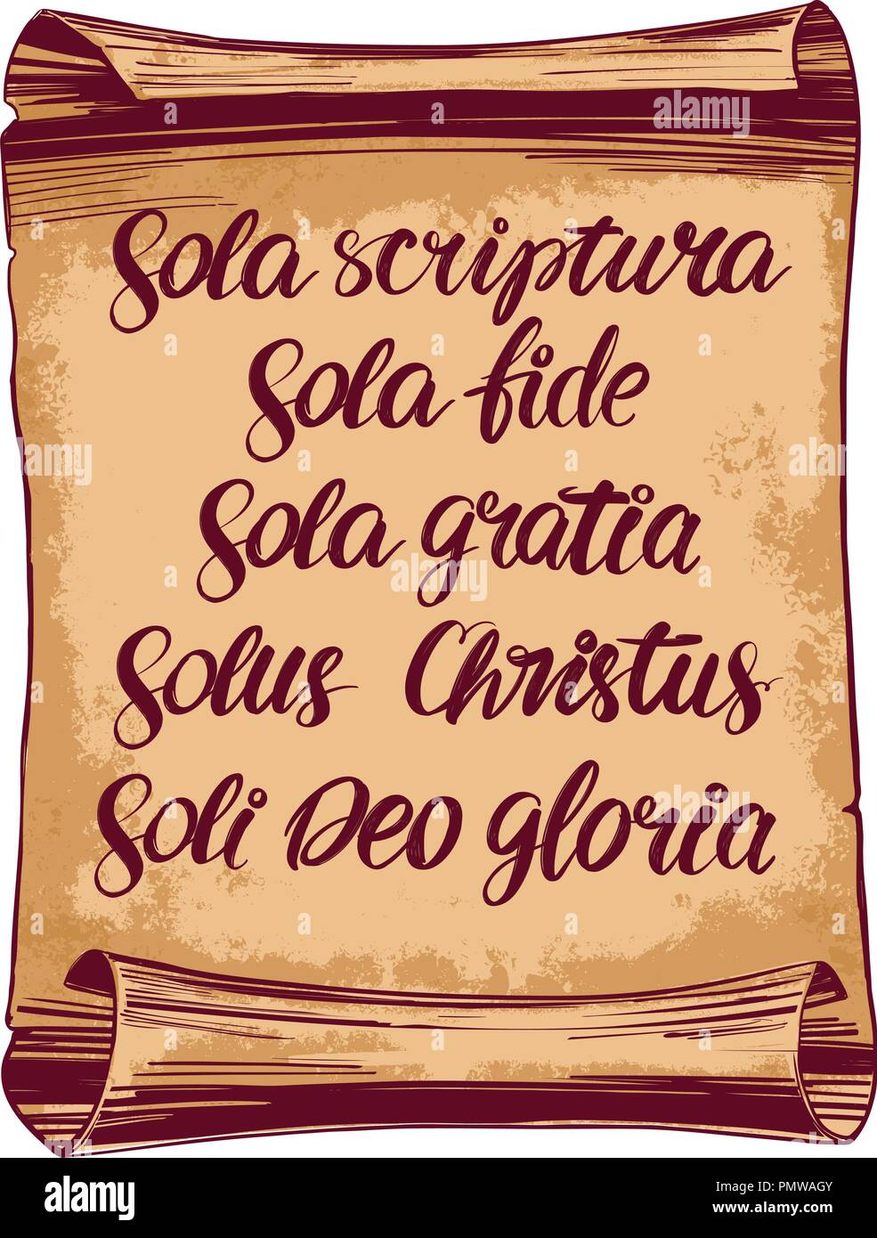 Quinque sola, cinque basi di teologia protestante, dalla riforma Calligraphy lettering testo simbolo del cristianesimo disegnati a mano illustrazione vettoriale schizzo Illustrazione Vettoriale