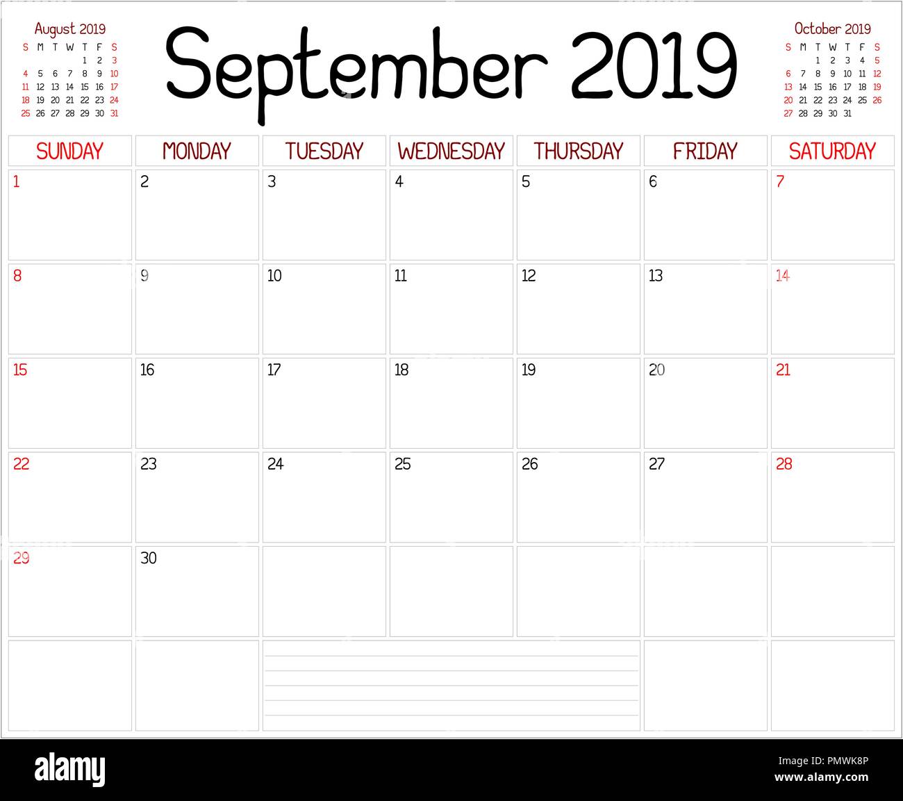 calendario settembre 2019 - 2 Un pianificatore mensile calendario per il mese di settembre 19 su bianco. Un custom stile manoscritta è utilizzato Immagine e Vettoriale - Alamy