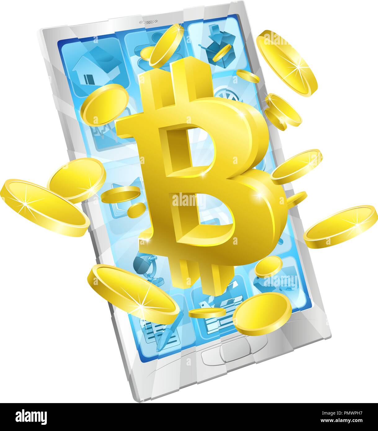 Telefono cellulare Bitcoin monete Concept Illustrazione Vettoriale
