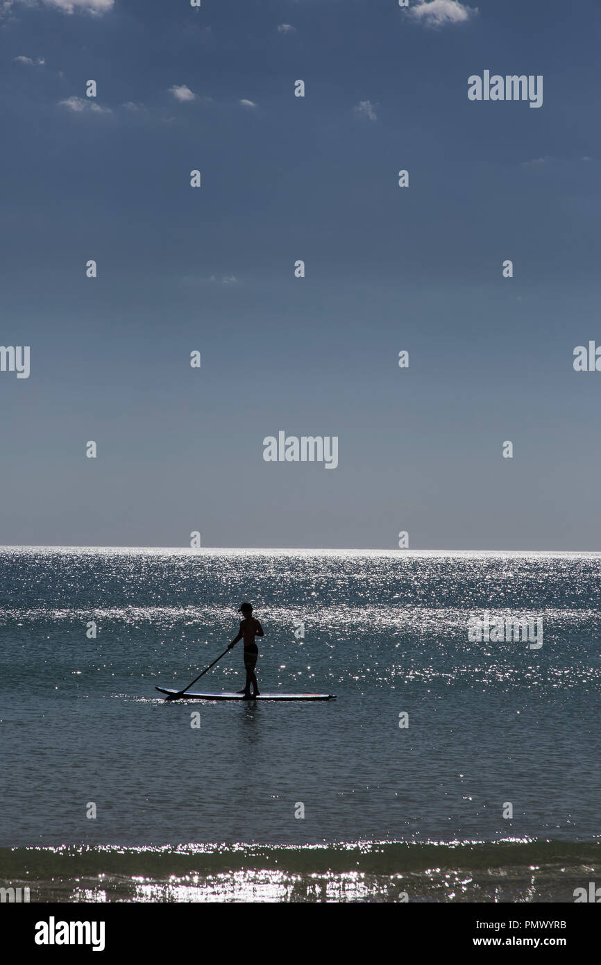 Silhouette paddle boarder sulla soleggiata oceano estivo Foto Stock