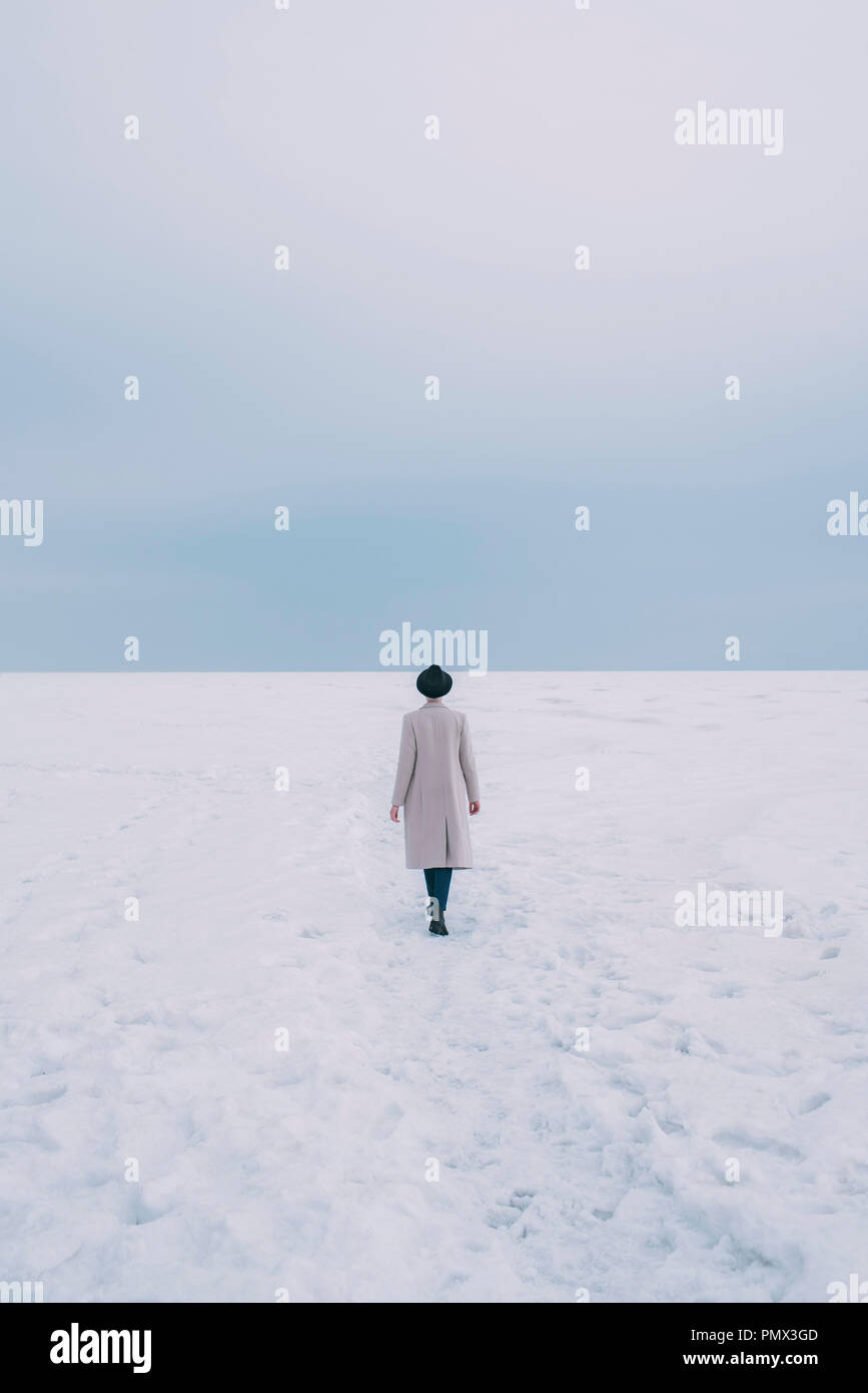 La donna a ricoprire e hat passeggiate in paesaggi innevati Foto Stock