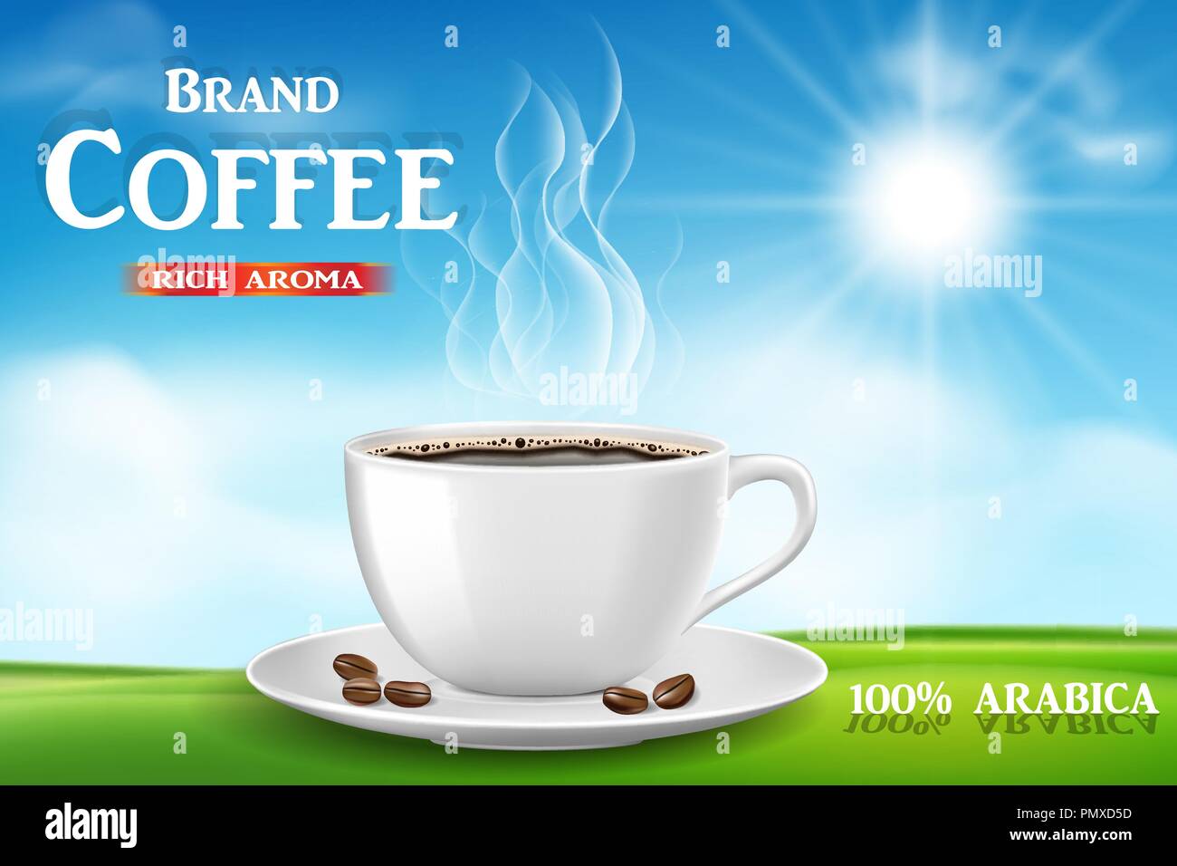 Il caffè istantaneo ad, con tazza di caffè sulla mattina di sole e di erba verde, sfondo nero prodotto Il coffee design con bokeh di fondo. 3d illustrazione Illustrazione Vettoriale