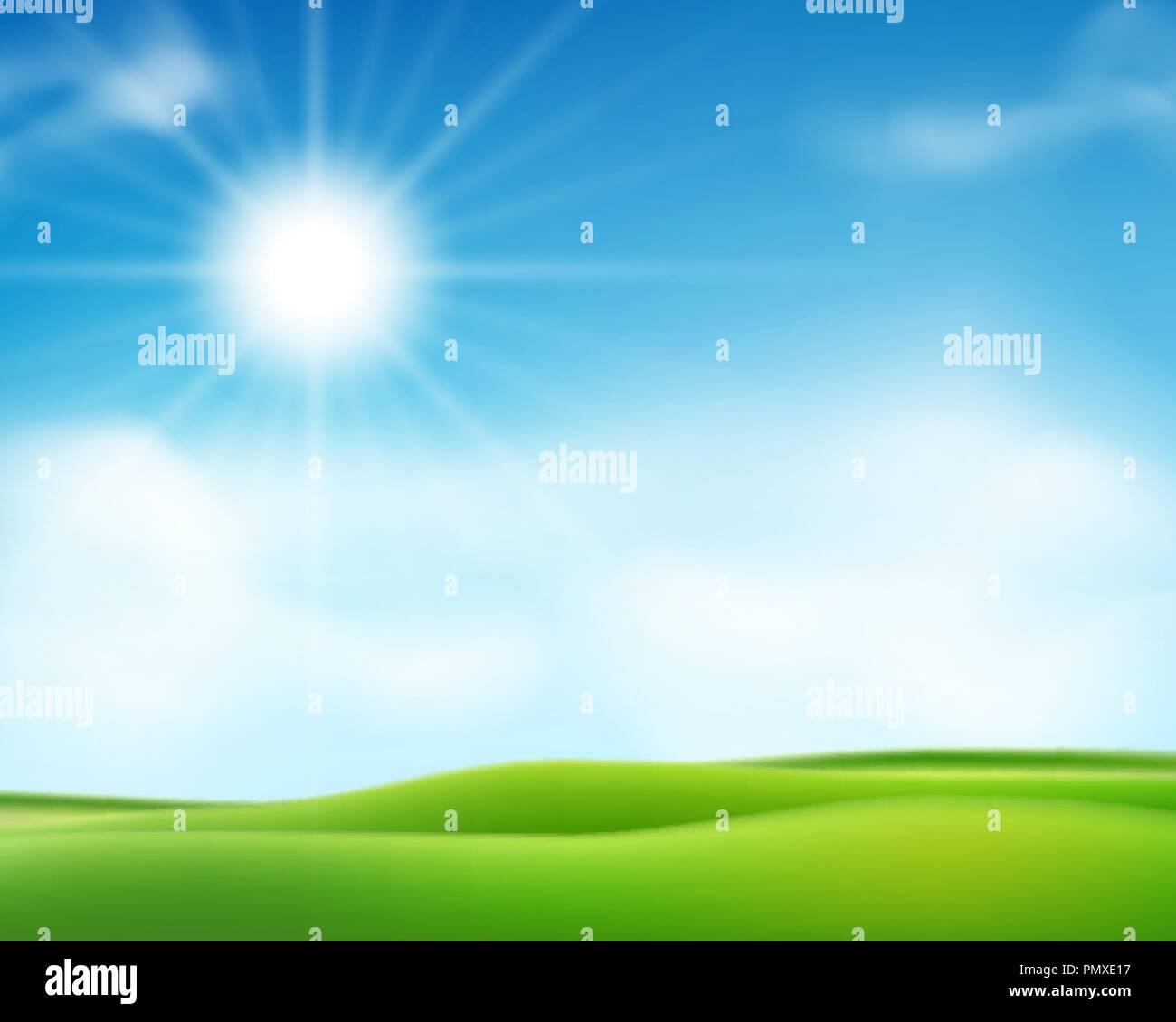 Primavera o estate mattina di sole con uno sfondo con cielo azzurro e sole brillante. Giornata di sole poster design. Illustrazione Vettoriale Illustrazione Vettoriale