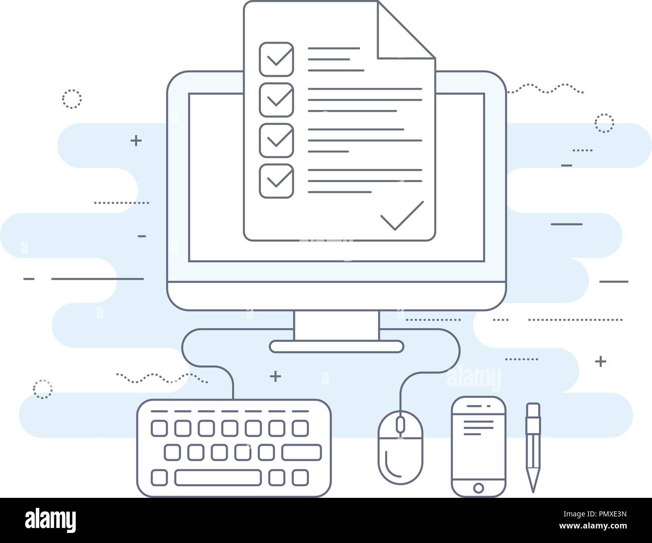 Computer con checklist, agenda o giorno di piano - icona sul posto di lavoro Illustrazione Vettoriale