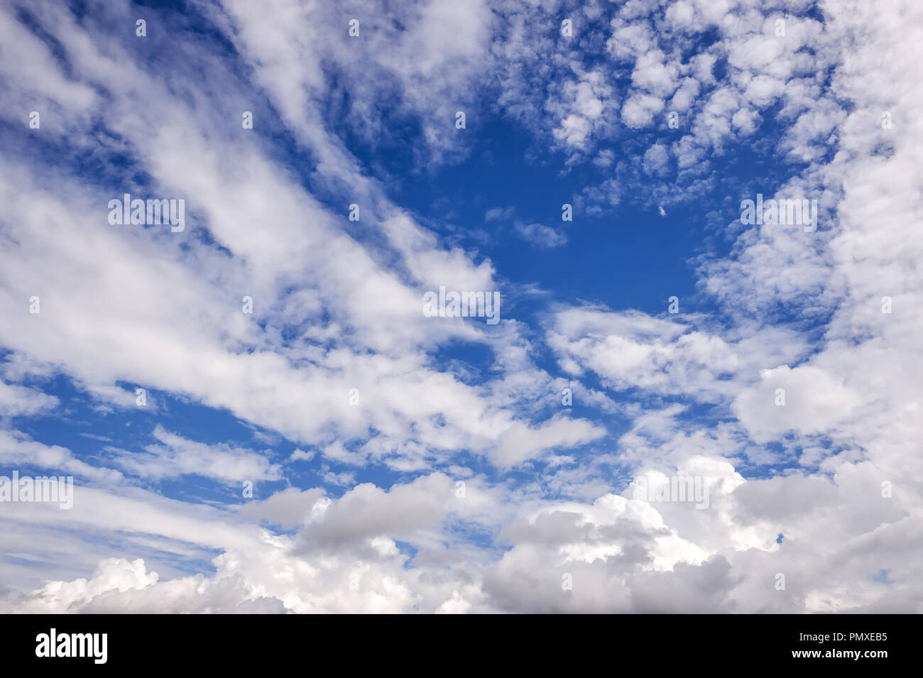 Paesaggio di un bel blu cielo coperto con cumulonimbus nuvole in un caldo pomeriggio estivo Foto Stock