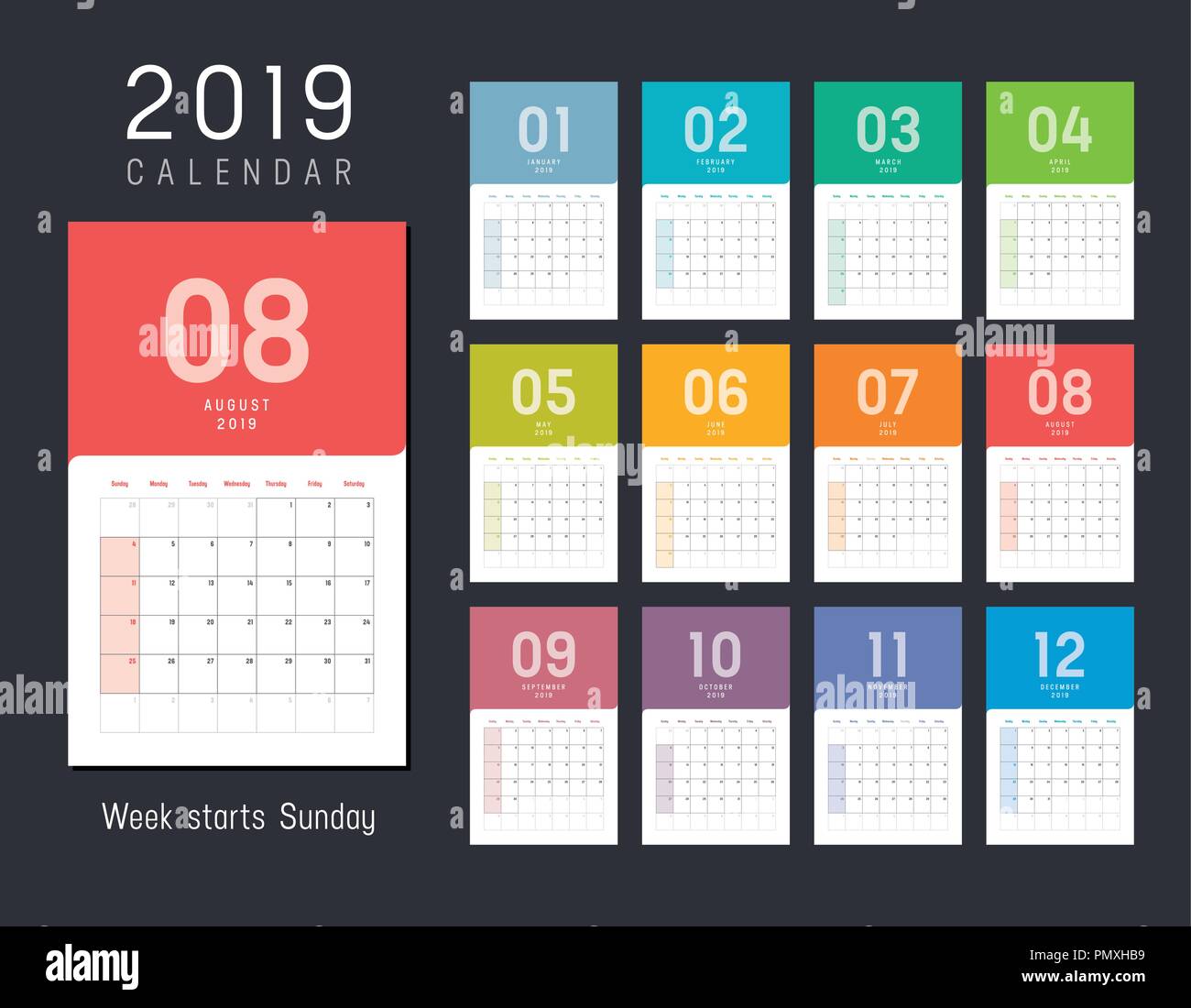 Anno 2019 calendario colorate, settimane inizio Domenica - template vettoriale. Illustrazione Vettoriale