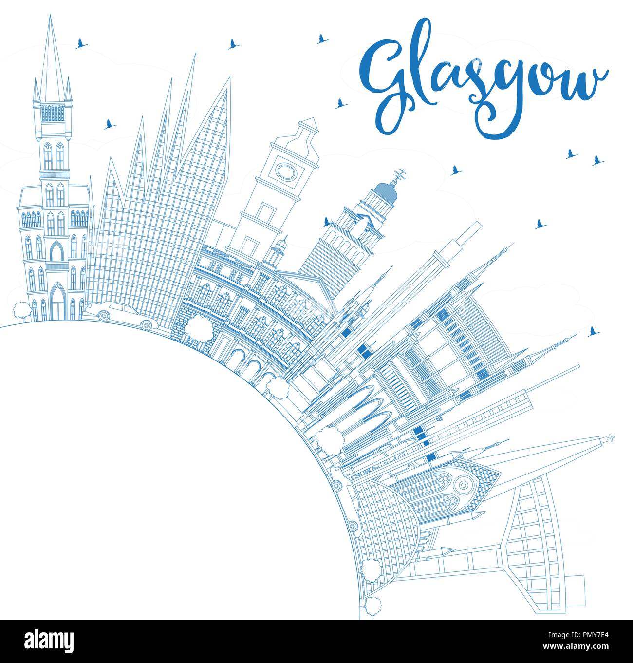 Delineare Glasgow Scozia skyline della città con edifici blu e copia di spazio. Illustrazione Vettoriale. Viaggi di affari e turismo Concept Illustrazione Vettoriale