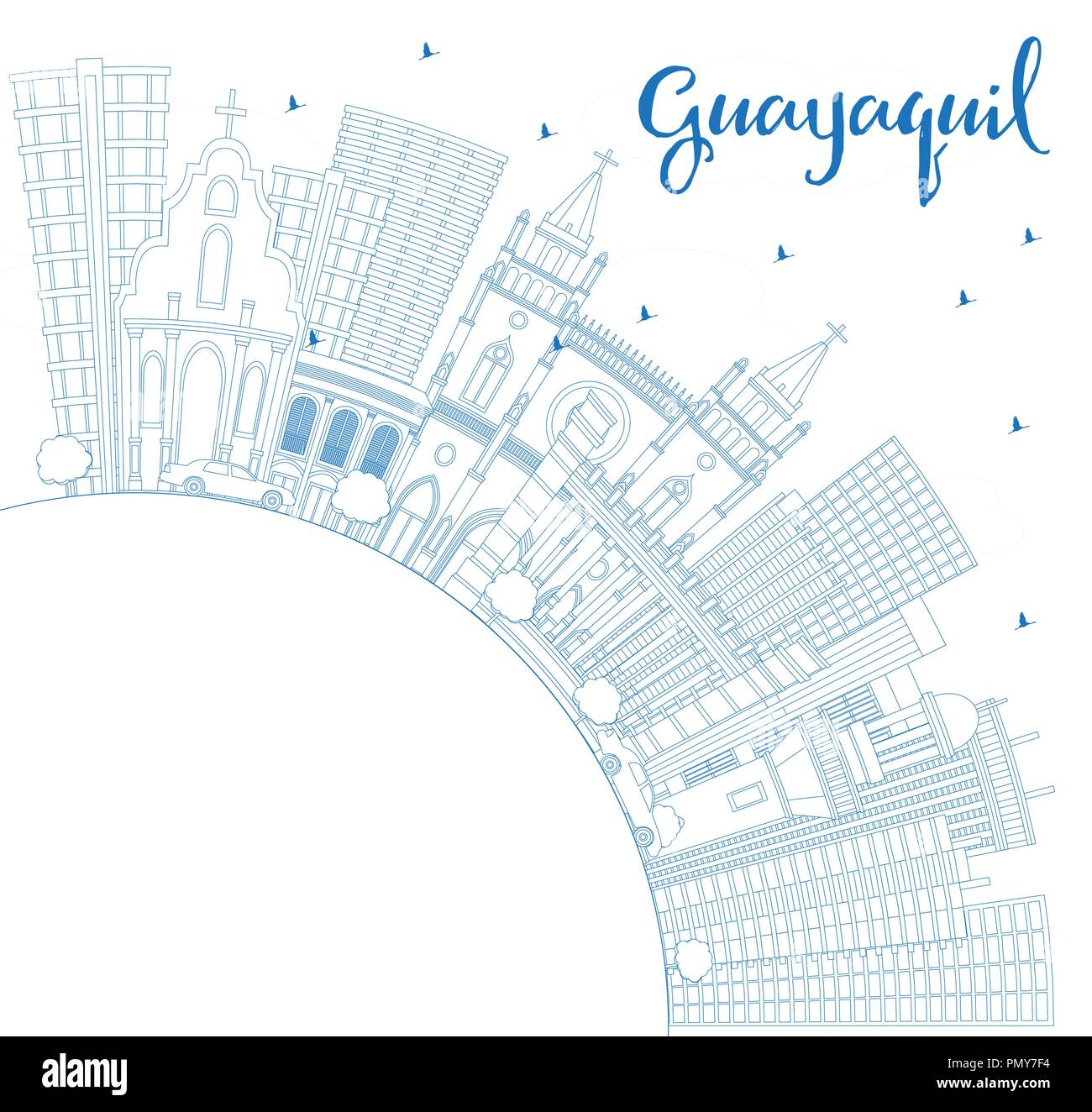 Profilo di Guayaquil Ecuador skyline della città con edifici blu e copia di spazio. Illustrazione Vettoriale. Viaggi di affari e turismo Concept Illustrazione Vettoriale