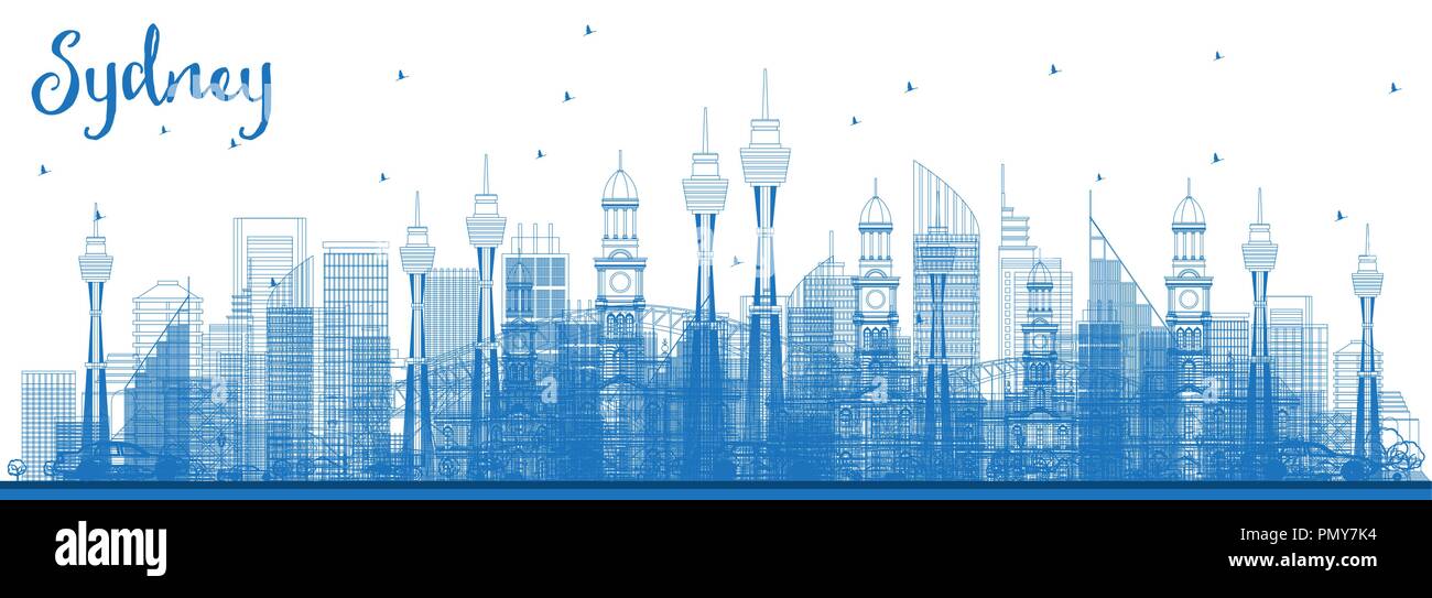 Delineare il Sydney Australia Skyline con edifici blu. Illustrazione Vettoriale. Viaggi di affari e di turismo con il concetto di architettura moderna. Illustrazione Vettoriale