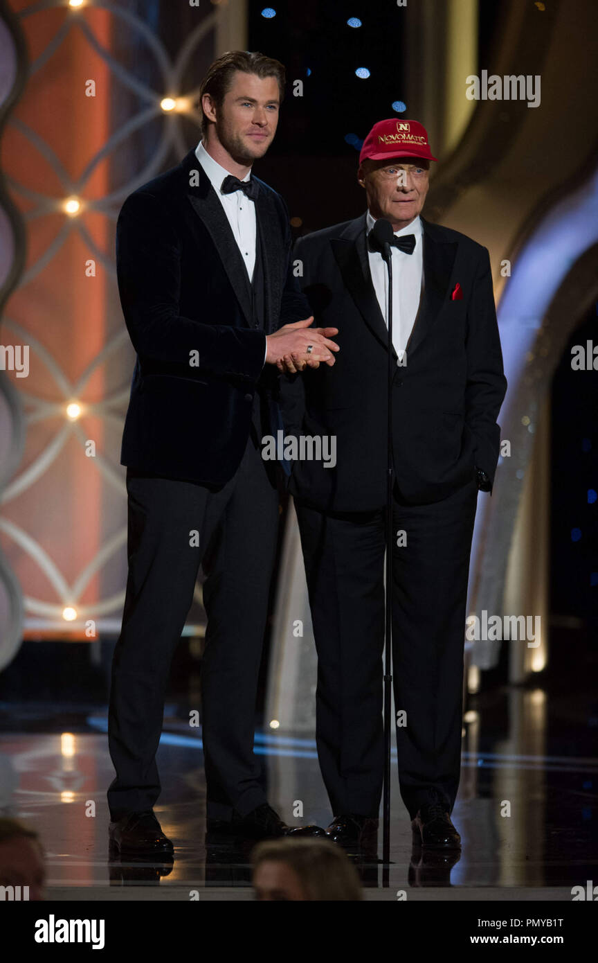 I presentatori Chris Hemsworth e Niki Lauda sul palco durante la settantunesima Annuale di Golden Globe Awards presso il Beverly Hilton di Beverly Hills, CA domenica 12 gennaio, 2014. Riferimento al file # 32222 538 CCR per solo uso editoriale - Tutti i diritti riservati Foto Stock