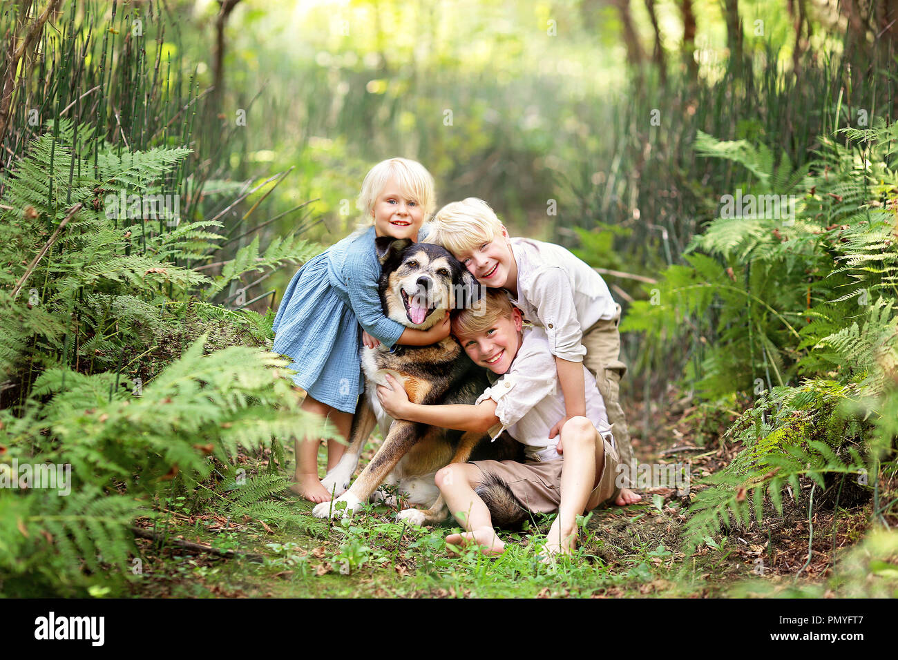 Tre felici i bambini piccoli sono amorevolmente abbracciando le loro adottato pet cane senior, al di fuori di esso in una foresta di felci su un giorno d'estate. Foto Stock