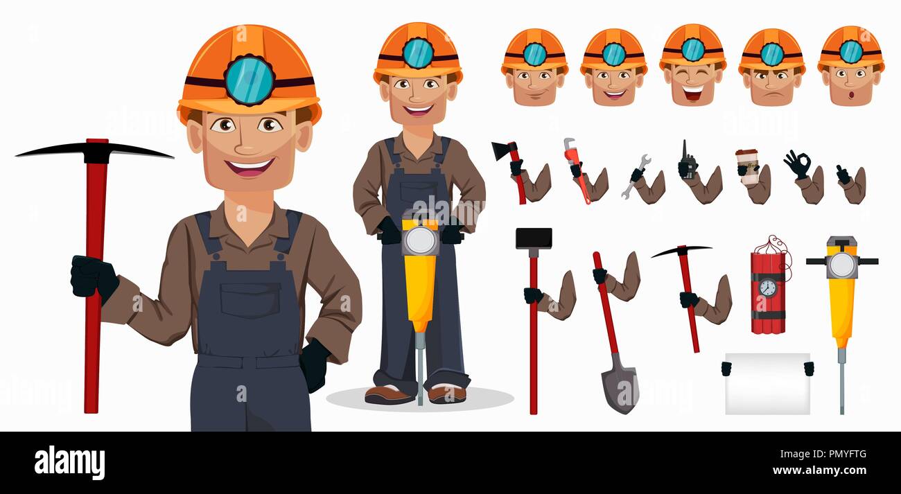 Il minatore uomo, lavoratore di data mining. Bel personaggio dei fumetti. Insieme di apparecchiature, strumenti e le emozioni. Costruire il tuo design personale. Illustrazione Vettoriale Illustrazione Vettoriale