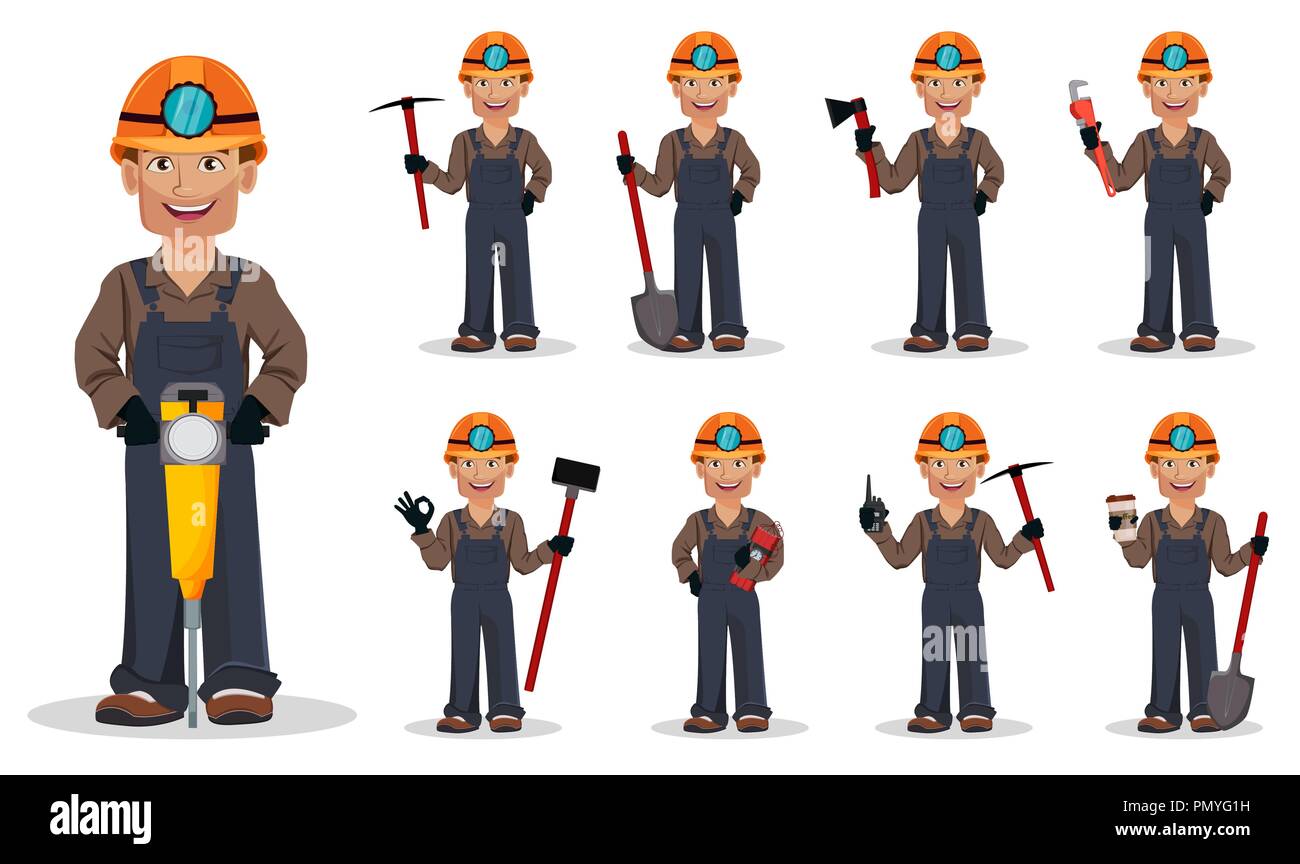 Il minatore uomo, lavoratore di data mining, set di nove pone. Bel personaggio dei fumetti. Illustrazione Vettoriale su sfondo bianco Illustrazione Vettoriale