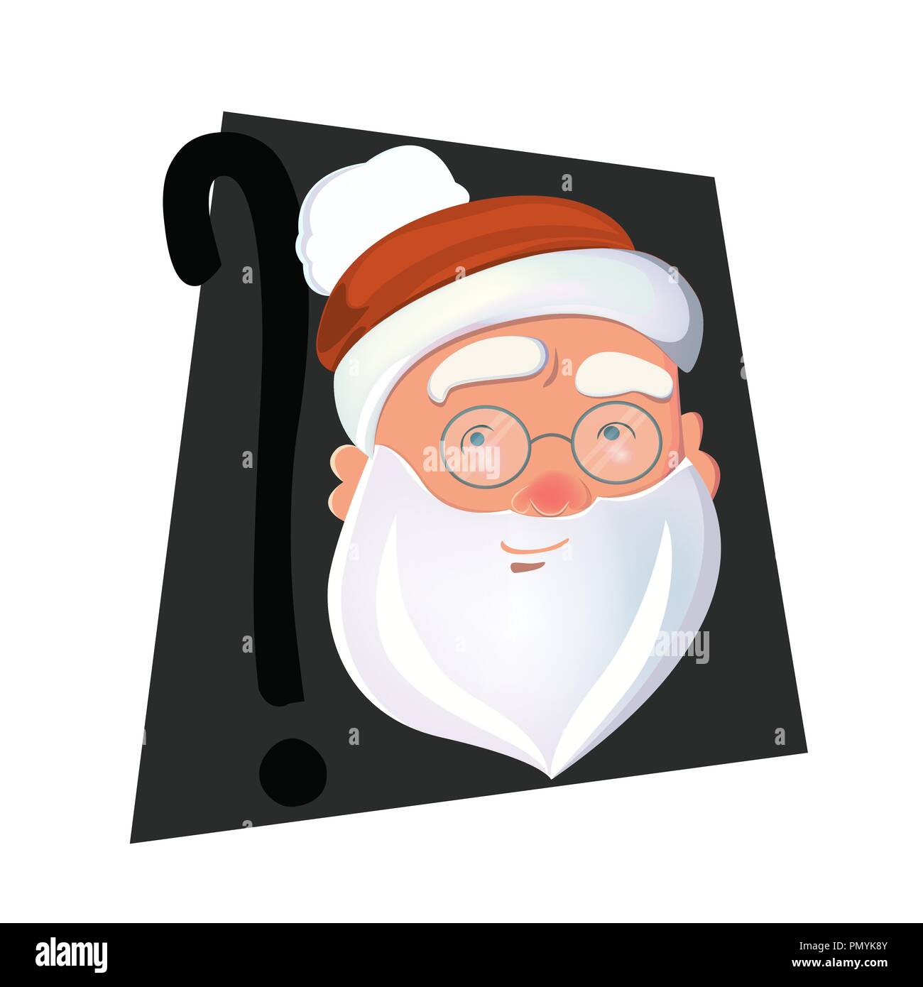 Secret Santa Claus faccia vettore isolato. Santa testa nel cappello e il punto interrogativo per il design. Illustrazione Vettoriale