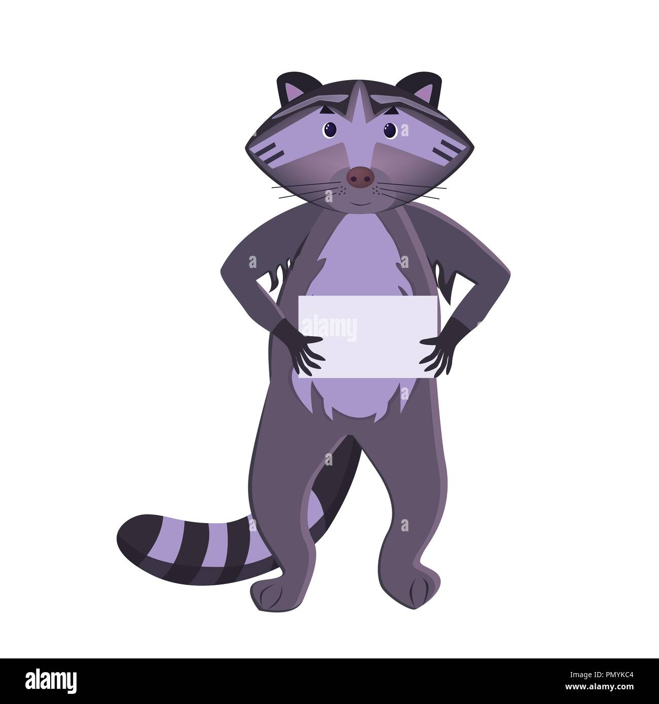 Cartoon raccoon tenendo un foglio bianco isolato su sfondo bianco. Carattere animale per il design. Illustrazione Vettoriale