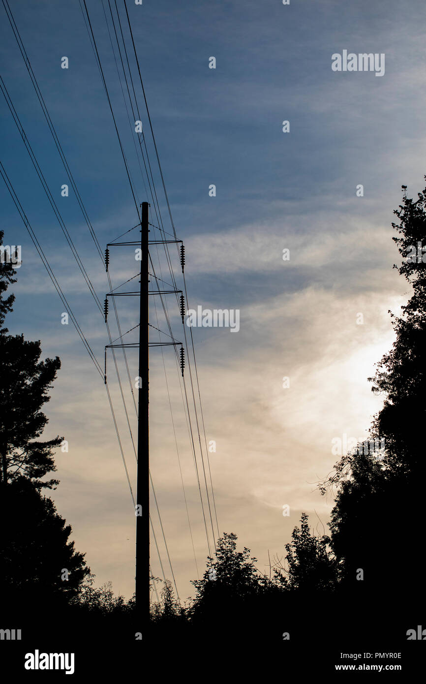 Tipo di palo elettriche ad alta tensione torre di trasmissione con le linee e gli isolatori. Torre è visto in silhouette contro parzialmente nuvoloso sky. Foto Stock