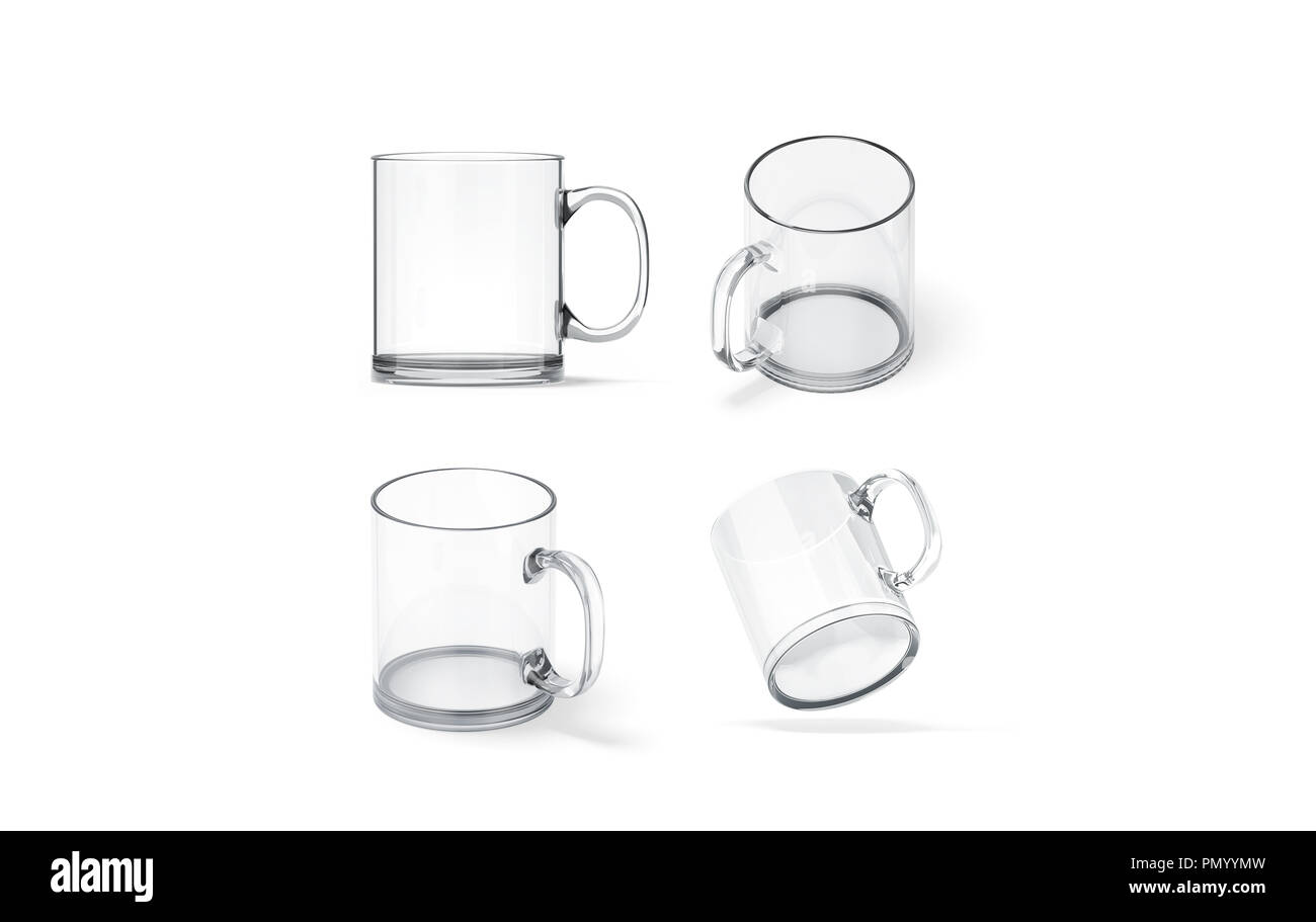 Vuoto in vetro trasparente mug mock up set isolato, rendering 3d. Chiaro traslucido tazza di caffè mockup per la stampa per sublimazione. Vuoto dono del marchio di cristallo Foto Stock
