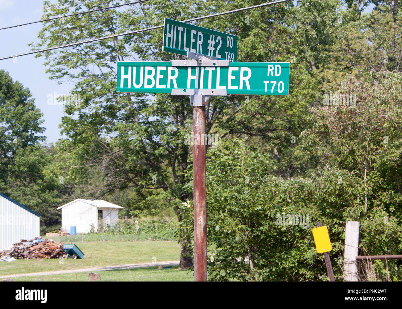 Circleville, i cartelli stradali “Hitler Huber” dell’Ohio onorano le prime famiglie di coloni, non legate al famigerato dittatore. Foto Stock