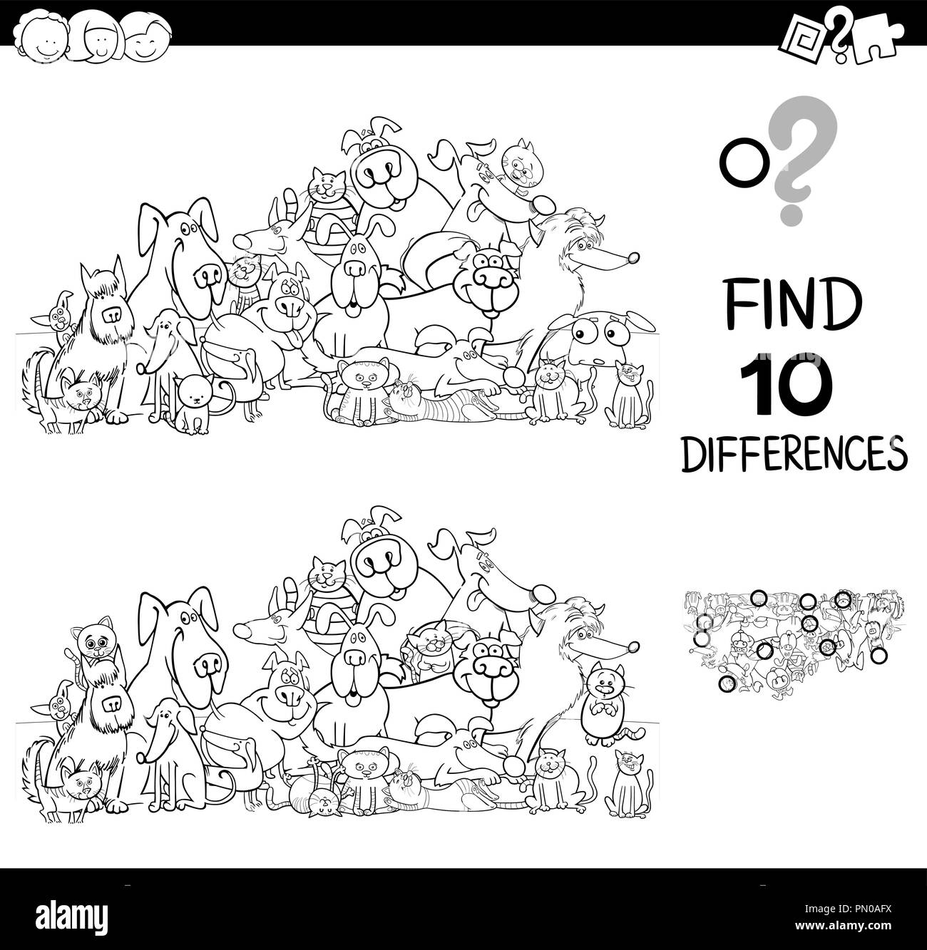 Bianco e Nero Cartoon illustrazione del reperimento di dieci le differenze tra le immagini del gioco educativo per i bambini con i cani e i gatti di caratteri animale Co Illustrazione Vettoriale