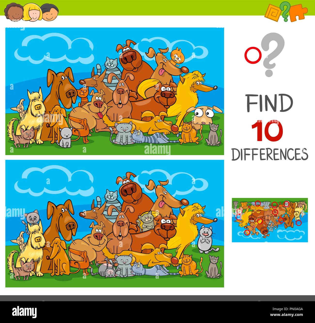 Illustrazione del fumetto di trovare dieci le differenze tra le immagini del gioco educativo per i bambini con i cani e i gatti di caratteri di origine animale Illustrazione Vettoriale