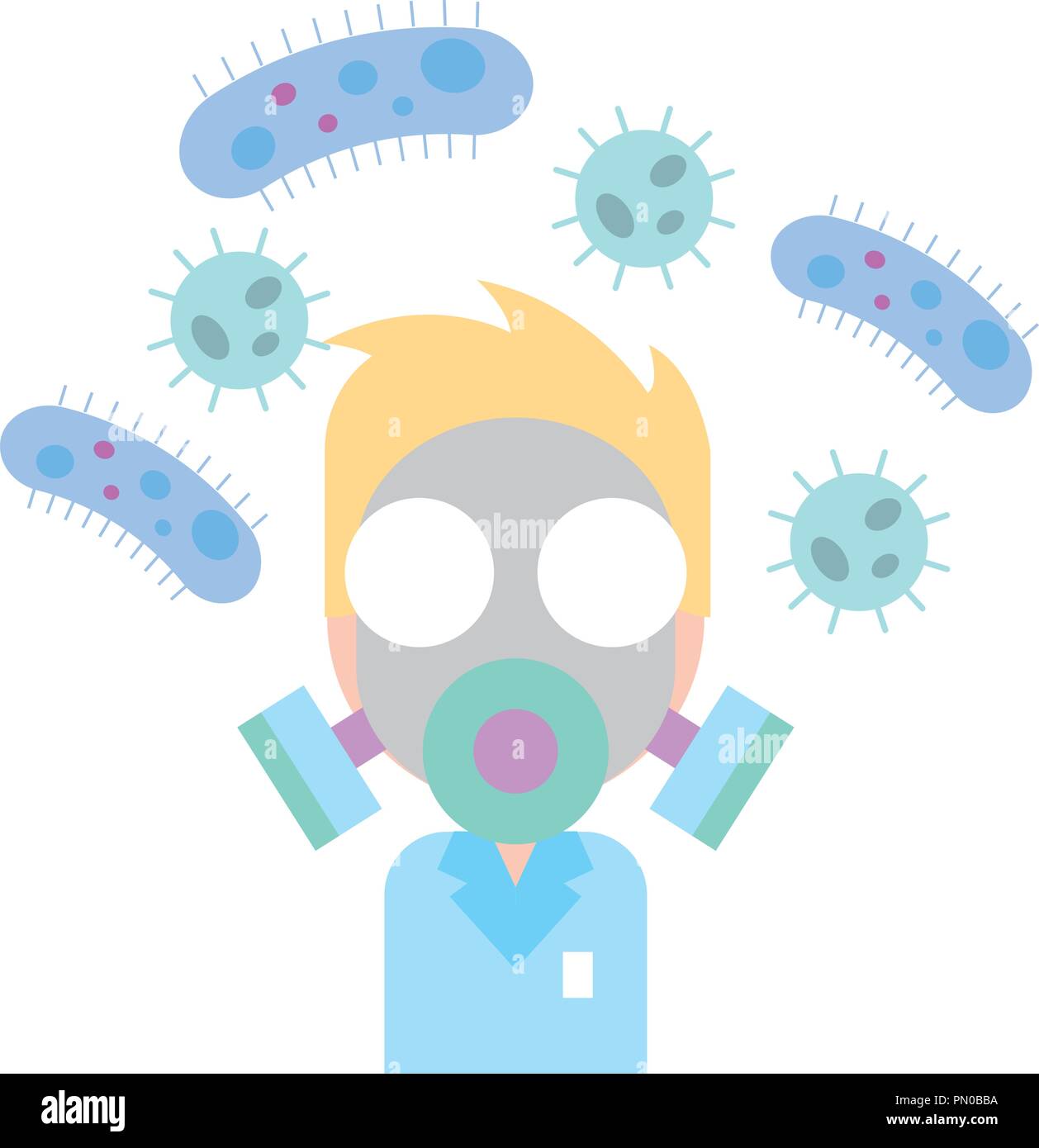 Uomo scientifico con maschera e bacteries laboratorio di chimica Illustrazione Vettoriale
