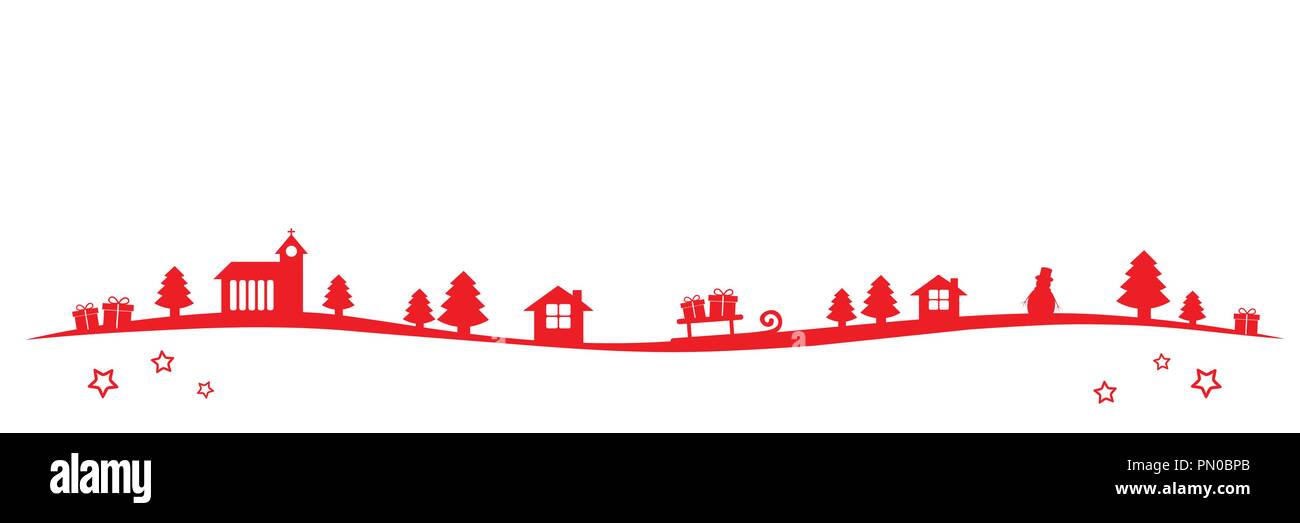 Natale rosso paesaggio invernale confine con chiesa firs case e doni illustrazione vettoriale EPS10 Illustrazione Vettoriale