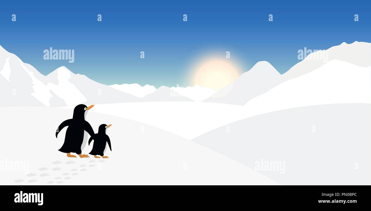 Due pinguini guardare nella distanza di un paesaggio invernale illustrazione vettoriale EPS10 Illustrazione Vettoriale