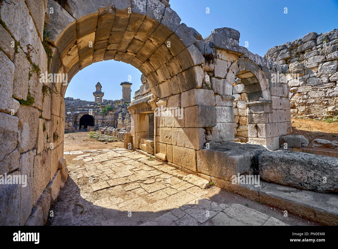 La rovina dell'Anfiteatro Romano, Xanthos, Turchia Foto Stock