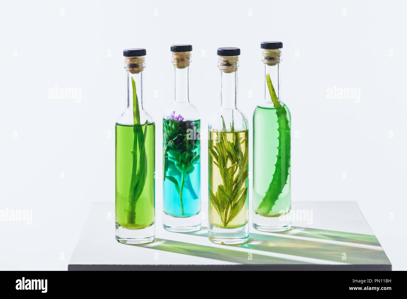 Quattro bottiglie di erbe naturali essenziali oli colorati sul cubo bianco Foto Stock