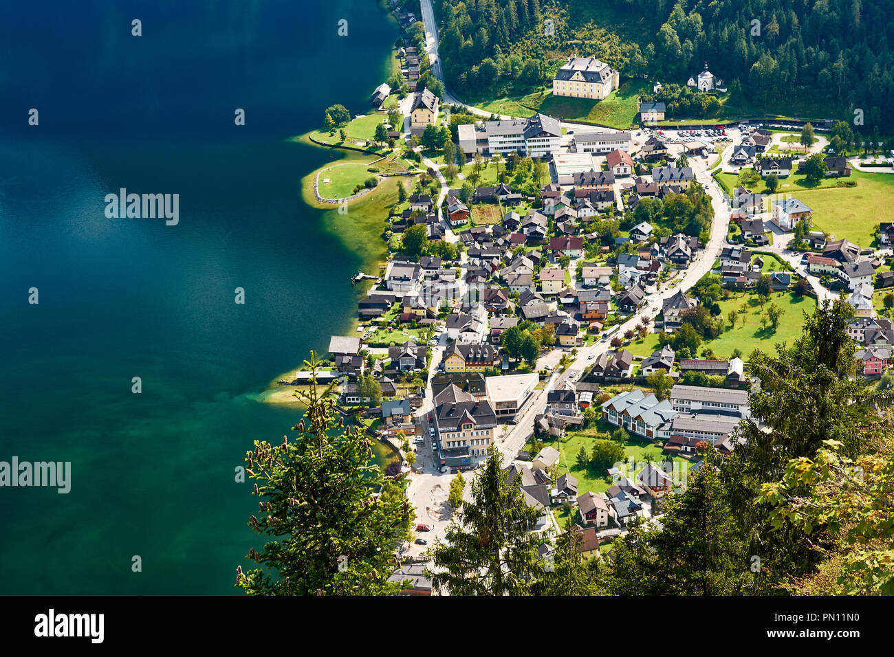 Vista superiore del lago e Hallstatt ai piedi delle Alpi con la foresta Foto Stock