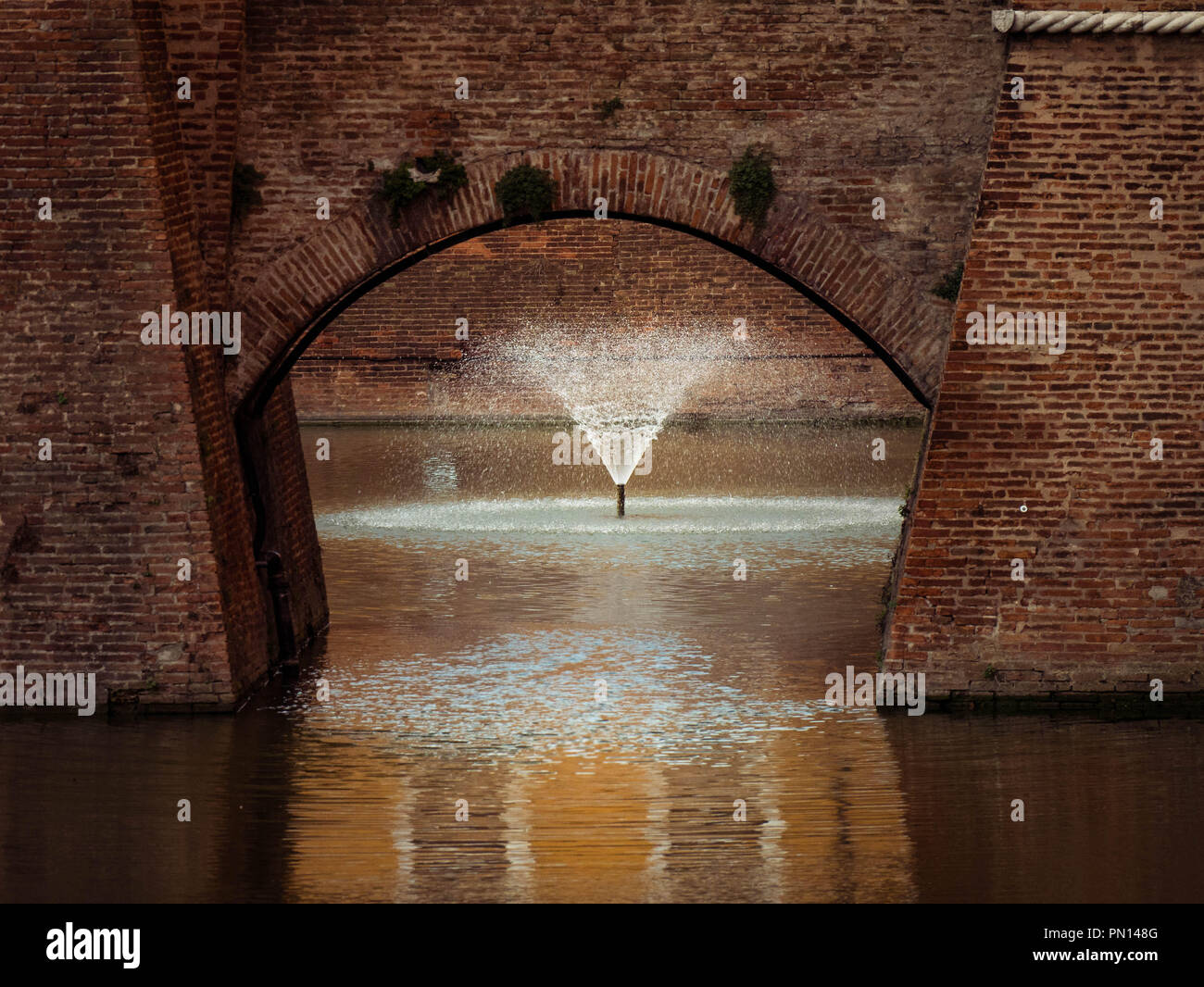 Fontana nel fossato del medievale Castello Estense di Ferrara, Italia Foto  stock - Alamy