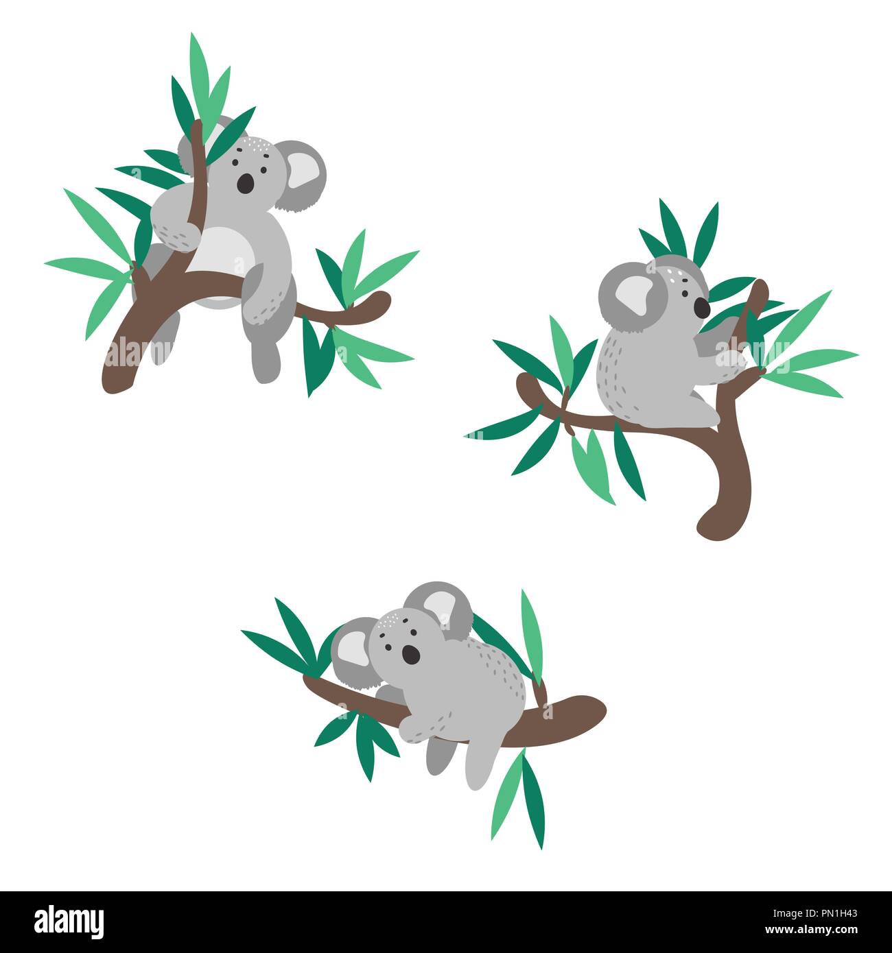 Graziosi koala bear arrampicata su albero di eucalipto clipart vettoriali. Illustrazione Vettoriale