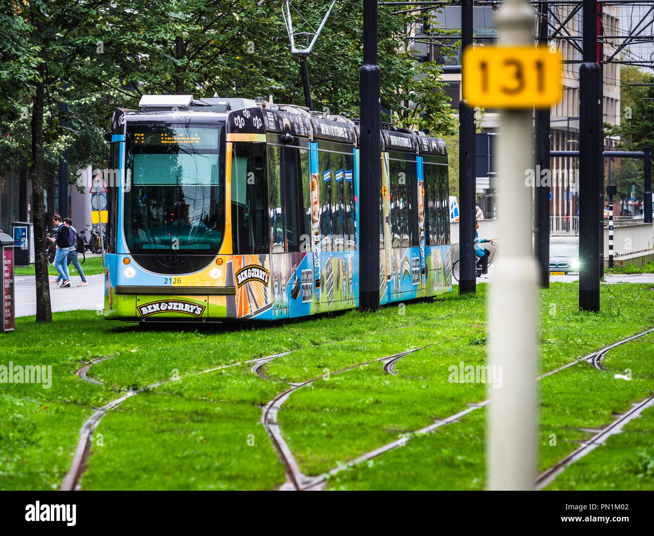 Tram di Rotterdam - Rotterdam City Tram su una sezione con vegetazione di tramvia nel centro della città Foto Stock