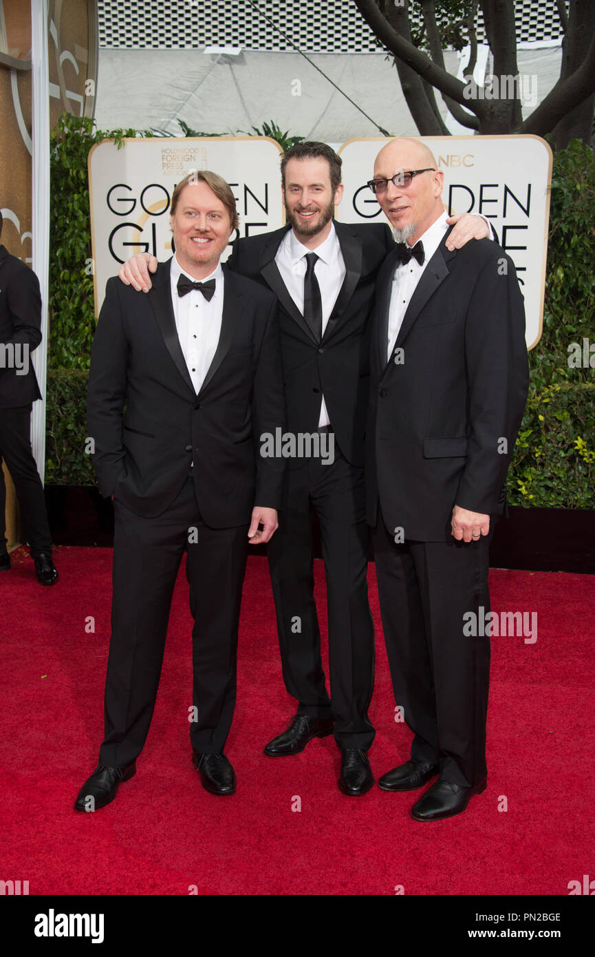 Golden Globe Nomination per il miglior lungometraggio animato per il "BIG HERO 6', Don Hall e Chris Williams con Roy Conli frequentare la 72Annuale di Golden Globe Awards presso il Beverly Hilton di Beverly Hills, CA domenica 11 gennaio, 2015. Riferimento al file # 32536 025CCR per solo uso editoriale - Tutti i diritti riservati Foto Stock