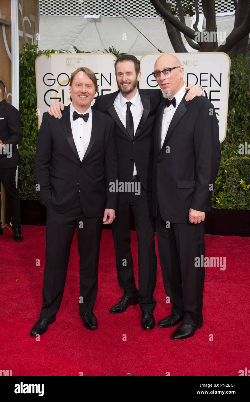 Golden Globe Nomination per il miglior lungometraggio animato per il "BIG HERO 6', Don Hall e Chris Williams con Roy Conli frequentare la 72Annuale di Golden Globe Awards presso il Beverly Hilton di Beverly Hills, CA domenica 11 gennaio, 2015. Riferimento al file # 32536 026 - CCR per solo uso editoriale - Tutti i diritti riservati Foto Stock
