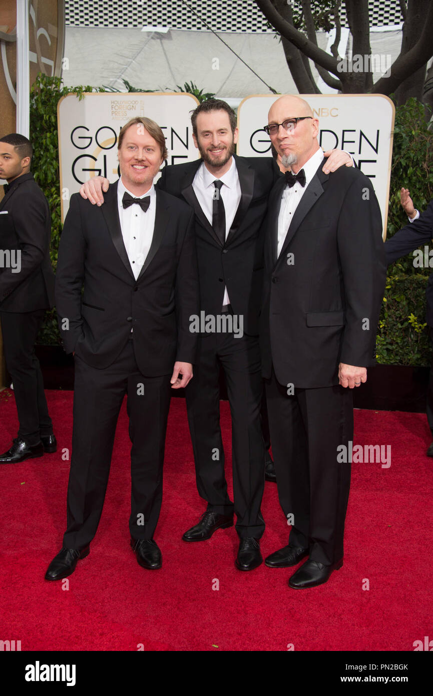 Golden Globe Nomination per il miglior lungometraggio animato per il "BIG HERO 6', Don Hall e Chris Williams con Roy Conli frequentare la 72Annuale di Golden Globe Awards presso il Beverly Hilton di Beverly Hills, CA domenica 11 gennaio, 2015. Riferimento al file # 32536 027CCR per solo uso editoriale - Tutti i diritti riservati Foto Stock