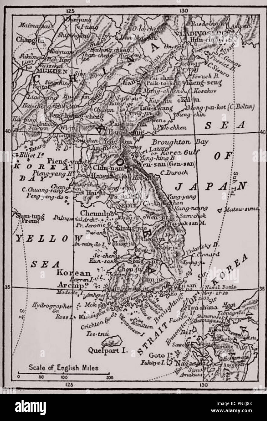 Un 1910 Mappa di Corea, il Mare del Giappone, Giallo mare,stretto di Corea e Corea Bay Foto Stock