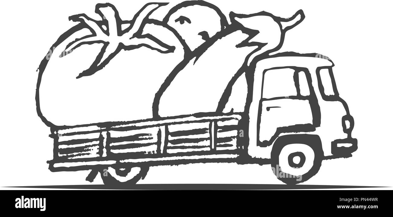 Disegnata a mano Carrello con verdure giganti. Vettore Illustrazione Vettoriale