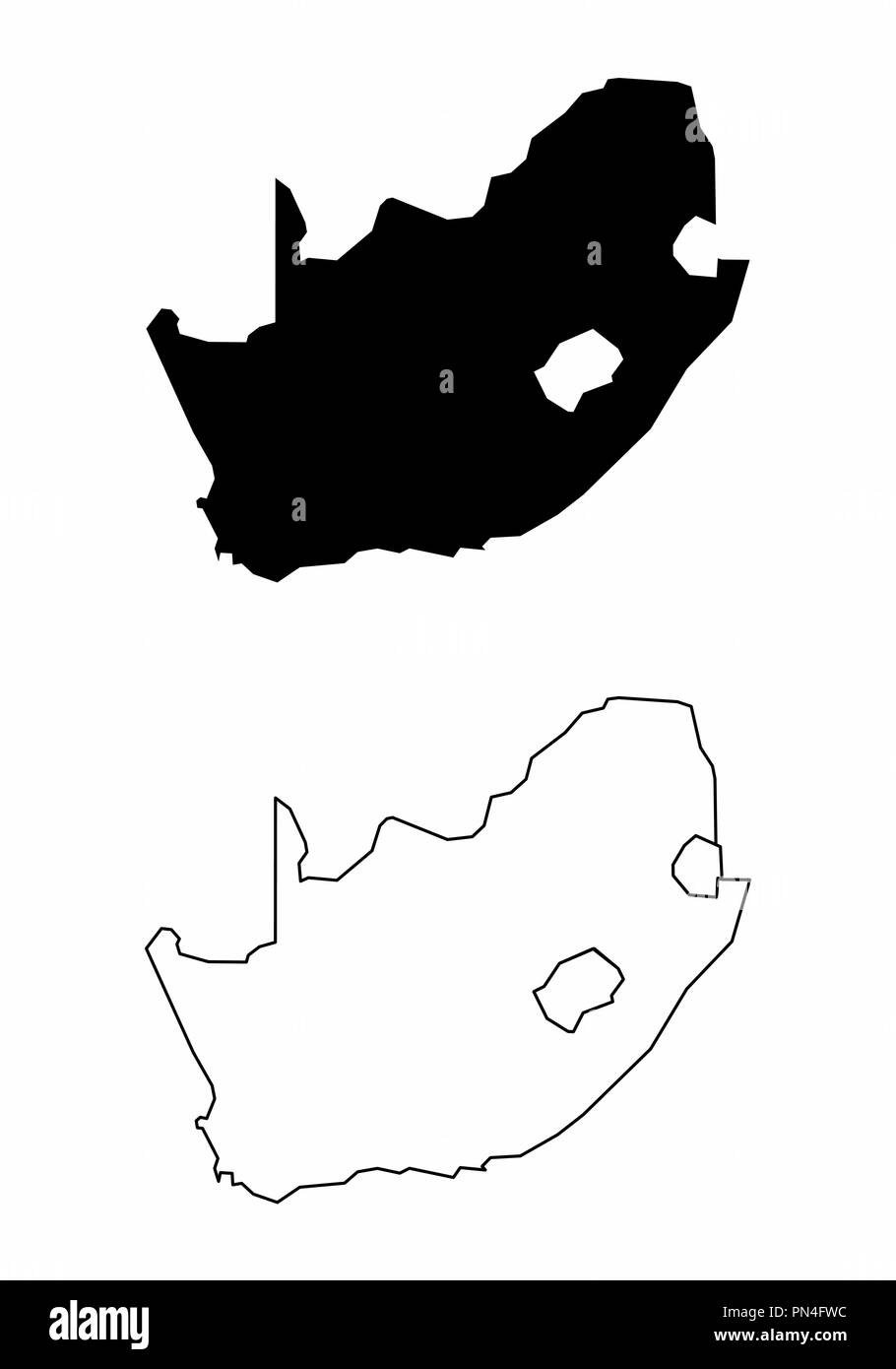 Mappe semplificata del Sud Africa. In bianco e nero dei contorni. Illustrazione Vettoriale