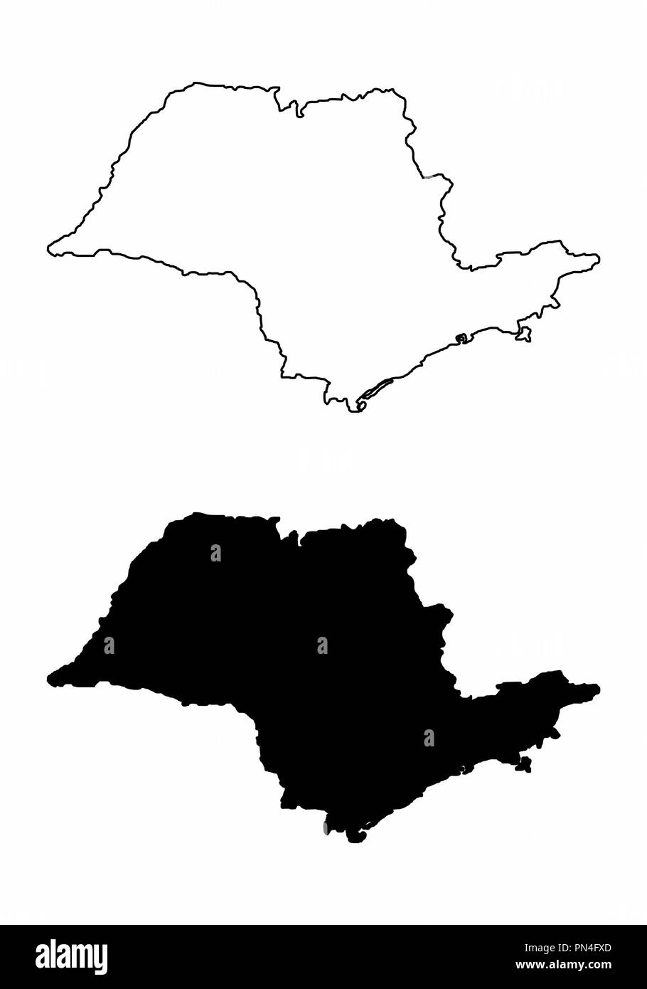 Mappa di Sao Paulo stato in Brasile. Delineare e silhouette su sfondo bianco. Illustrazione Vettoriale