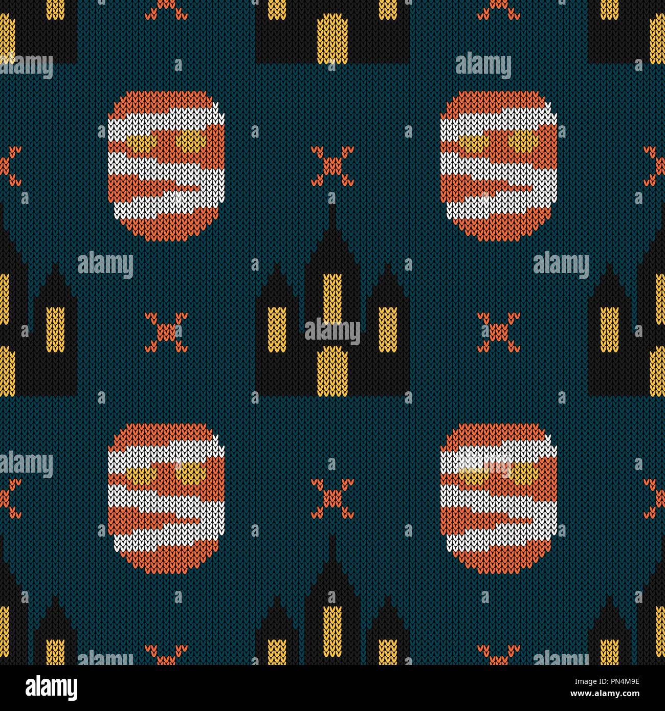 Halloween maglia. Seamless Knitting Texture con monster e castello. Design per un maglione, sciarpa consolatore o vestiti texture. Illustra il vettore Illustrazione Vettoriale