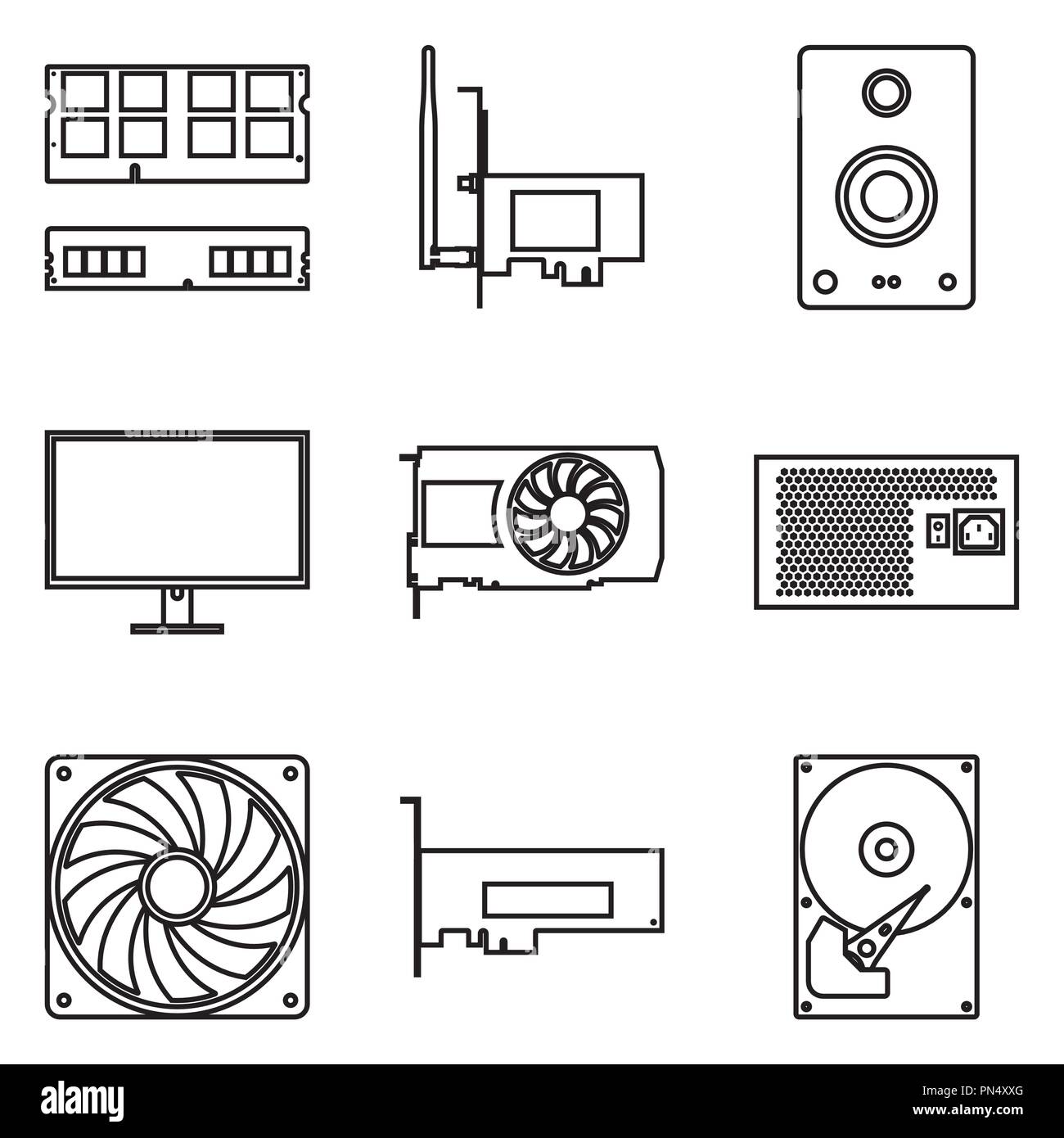 I componenti del computer icon set. Linea sottile vettore Illustrazione Vettoriale