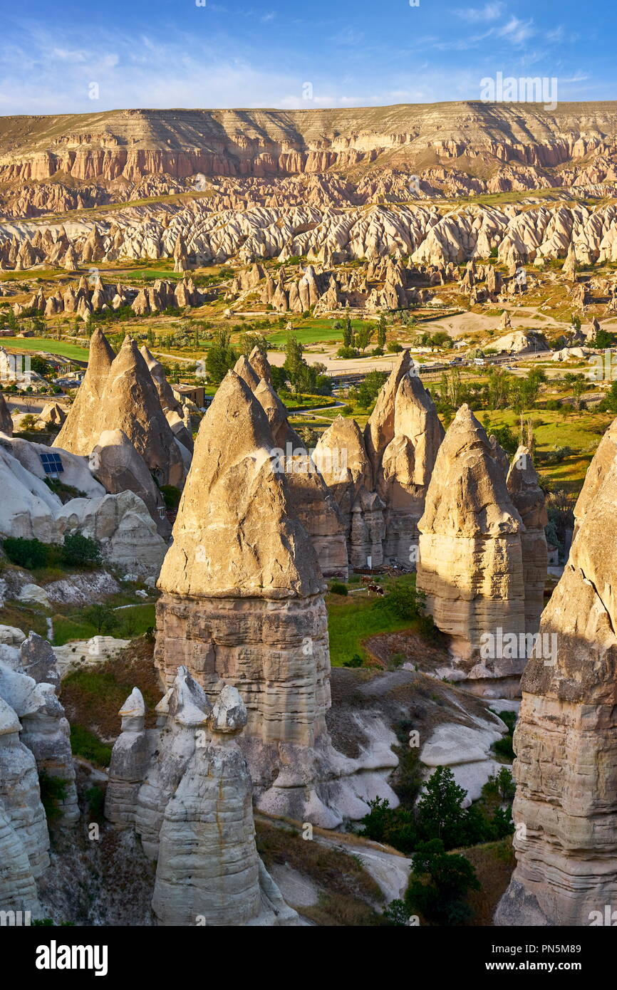 Camini di Fata rock formazione in Love Valley, Goreme National Park, Cappadocia, Turchia Foto Stock